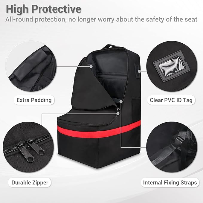 ProFaster Car Seat Travel Bag - Padded, Comfortable, Durable, Roomy Gate Check Carseat Cover Backpack Fits 3-in-1，Convertible, Booster & Infant Car Seats for Airplane, Airport, Red