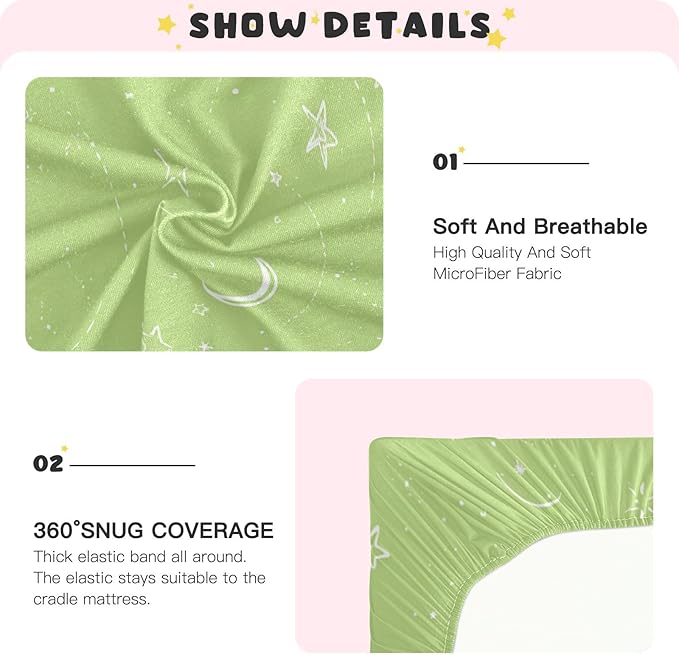 Bright Green Moons and Stars Crib Sheets Standard Crib Toddler Mattresses Cover Fitted Baby Bed Sheet Breathable Crib Mattress Sheet for Girls Boys 39''x27''x9''