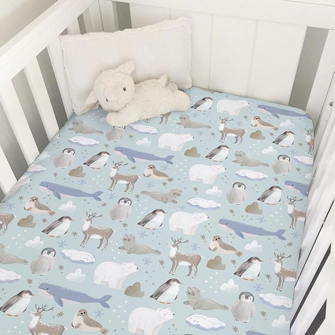 Cute Frosty Arctic Animals Baby Crib Sheets for Boy Girl Bear Penguins Deer Whale Snowflakes Soft Snug Fitted Crib Mattress Covers for 52x28 Standard Crib & Toddler Mattress Snowy Winter Baby Sheets