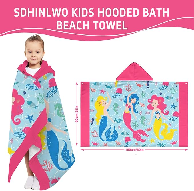Thickened Hooded Towels for Kids Suitable Girls Boys Kids Bath Towels, 35"x60" Super Absorbent, Mermaid Cute Cartoon Toddler Towels Multi-Purpose for Beach, Pool and Bathroom