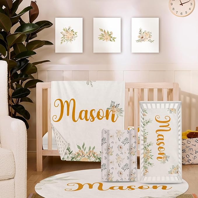 Floral Personalized Baby Crib Bedding Set – Custom Name 5-Piece Nursery Crib Set with Baby Blanket Fitted Sheet Changing Pad Cover Room Rug and Wall Art – Girl’s Nursery Decor