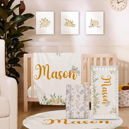 Floral Personalized Baby Crib Bedding Set – Custom Name 5-Piece Nursery Crib Set with Baby Blanket Fitted Sheet Changing Pad Cover Room Rug and Wall Art – Girl’s Nursery Decor