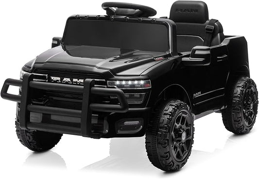 Kidzone Ride On Truck for Kids, Licensed RAM 3500 12V Battery Powered Electric Car Toy with Remote Control, LED Lights, Bluetooth Music & Rear Suspension - Black