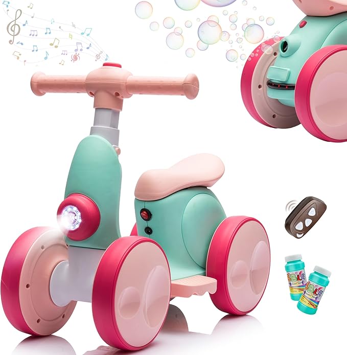 6V Electric Baby Balance Bike with Bubble Machine,4 in 1 Toddler Balance Bike w/Remote for 1 Year Old Boys Girls Kids Bubble Bike Ride on Toys w/Powered Motor,Music,LED Lights (Green&Red)