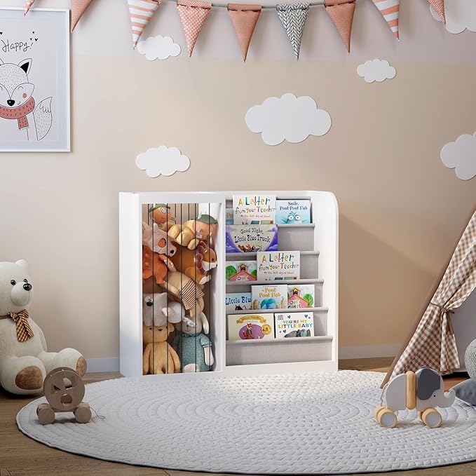 HedoAjim White Kids Bookshelf & Stuffed Animal Net Holder Plush Toy Storage Organizer Child Bookcase Toddler Baby Sling Book Rack for Playroom Bedroom Nursery Infant Boys Girls Classroom