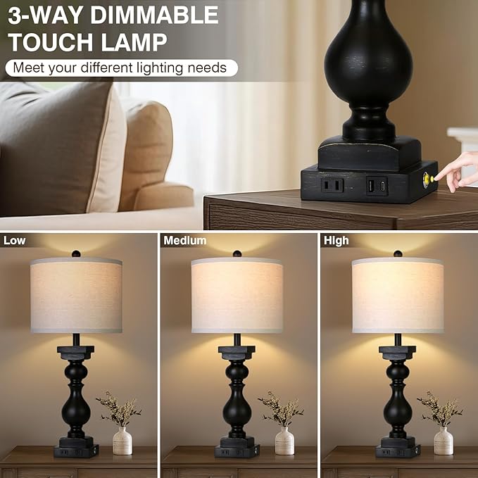 MOUVOVO 28" Tall Farmhouse Table Lamps Set of 2 with USB C+A Ports and AC Outlet, 3 Way Touch Tall Rustic Bedside Lamps for Living Room, Black Vintage Lamps for Bedroom