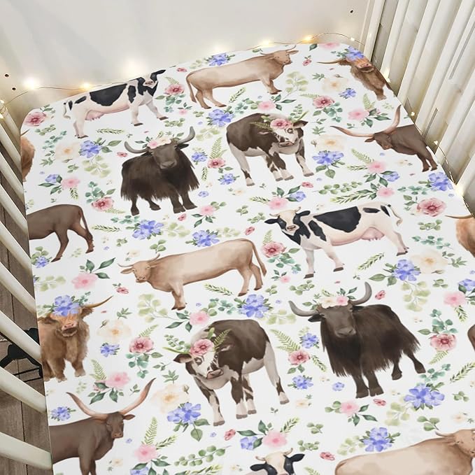 Highland Cows Boho Flowers Baby Crib Sheets for Boy Girl 52x28Inch Cows Breeds Farm Soft Snug Fitted Crib Mattress Cover Country Farmhouse Animal Baby Sheet for Crib and Toddler Bed Mattresses