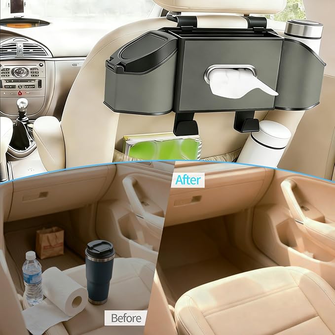 Oivjckx 7-In-1 Multifunctional Car Seat Back Organizer with Cup Holders, Tissue Box, Garbage Can & Hooks, Headrest Storage & Cup Holder for Backseat (Grey)