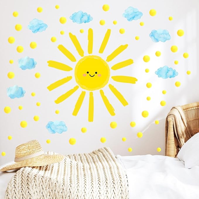 Eutecado Sun Wall Decals Watercolor Cloud Wall Stickers for Kids Room, 12 Sheets Large Sun Cloud Wall Decor Posters Polka Dots Wall Stickers Home Decorations for Girls Room Bedroom Play Room