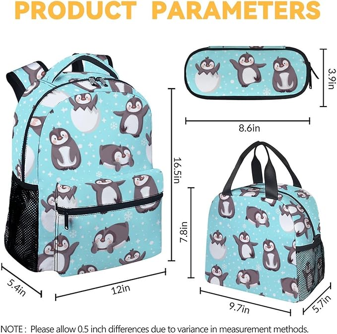 COOPASIA Penguin Backpack with Lunch Box and Pencil Case, 16 Inch Penguin Theme Bookbag with Adjustable Straps, Durable, Lightweight, Large Capacity, School Backpack for Girls Women