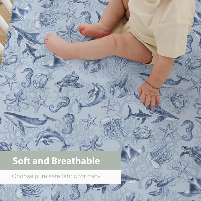 Retro Marine Animals Baby Crib Sheets Boy Girl 28"x52" Whale Dolphin Jellyfish Sea Horse Turtle Coral Soft Snug Fitted Crib Mattress Cover Ocean Animal Baby Sheet for Standard Crib & Toddler Mattress