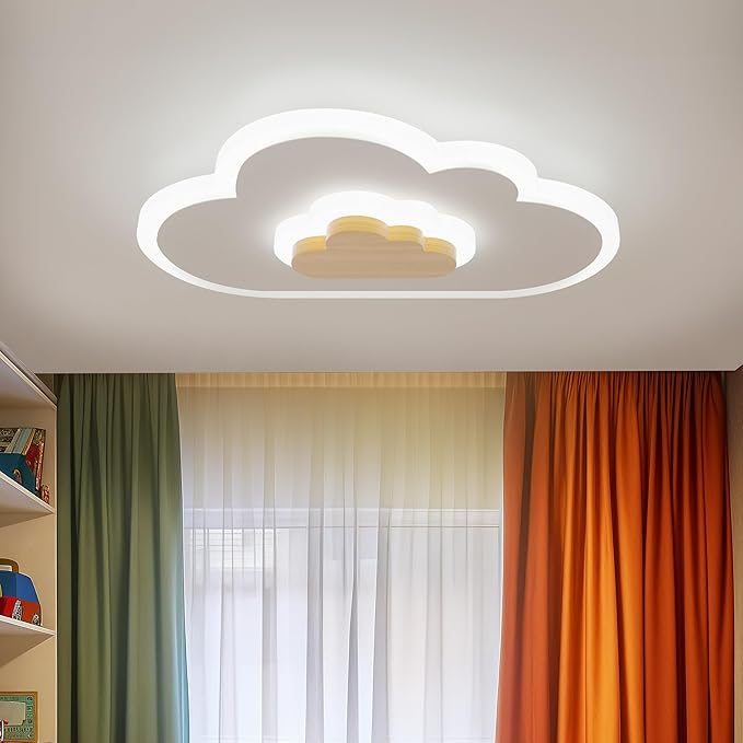 LED Ceiling Light 26W Wood Cloud Cartoon Kids Ceiling Light 19.68in Kids Room Light fixtures Ceiling Mount 3000-6500K with nightlight Ceiling Lamps for bedrooms Girl Boy Nursery Toys Room