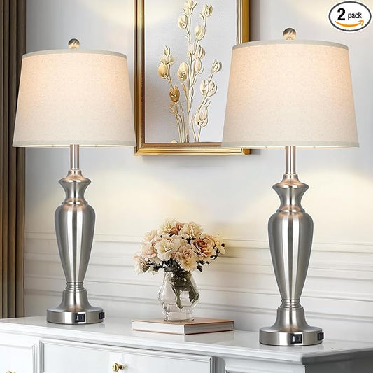 luxeflow 30" Tall Silver Table Lamps Set of 2 for Living Room, Touch Control Bedside Lamps for Nightstand, 3-Way Dimmable Bedroom Table Lamp with USB A+C Ports and AC Outlet (2 LED Bulbs Included)