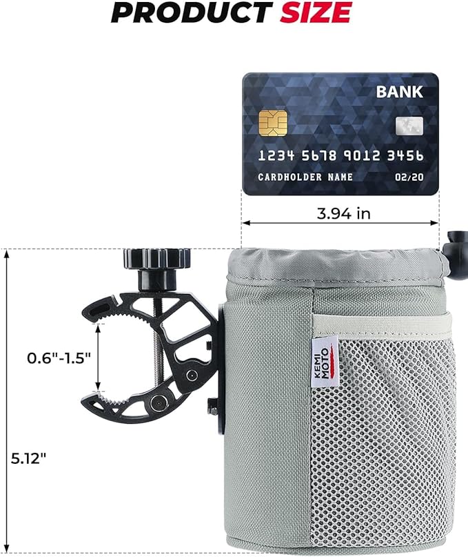 KEMIMOTO Motorcycle Cup Holder, Oxford Fabric Motorcycle Drink Holder with 0.6"-1.5" Alligator Clamp, Universal Water Bottle Cup Accessories for Bike, ATV/UTV, Scooter, Boat, Walker, Gray