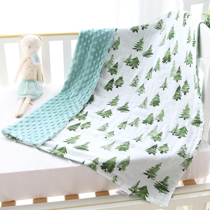 LifeTree Baby Blankets for Newborn, Soft & Lightweight Swaddle Blankets, Muslin Front and Dotted Fleece Backing Receiving Bed Throw Blanket Unisex, 31X40 Inches, Baby Girl & Boy Blanket, Pine Tree