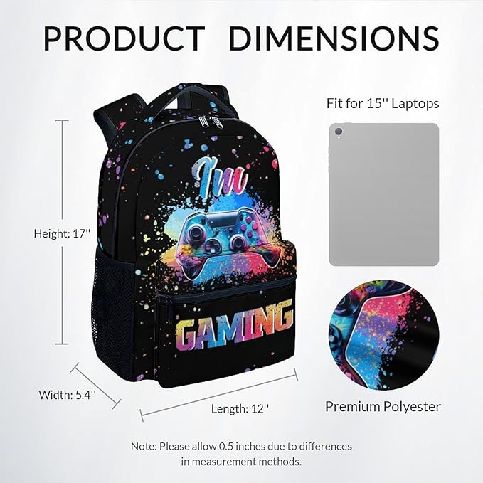 COZYAURA Kids School Backpack - 17 Inch Video Game Bookbag for Boys - Durable Black Gaming School Bag for Elementary & Travel
