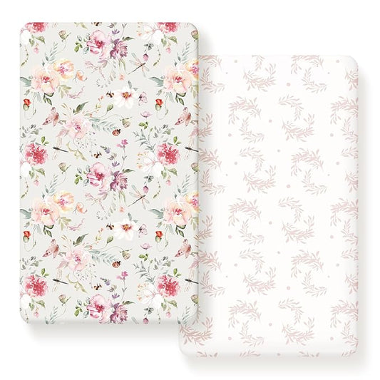 Fitted Crib Sheets Set 2 Pack, Ultra Soft Stretch Jersey Knit Crib Sheet Fit All Standard Crib Mattress Pads Safe and Snug, Crib Fitted Sheet for Baby, Beautiful Flowers and Insects Pattern