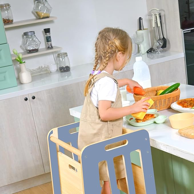 WINGYZ Toddler Tower – Adjustable Step Stool Helper for Kids 18M–6Y, Kitchen Learning Stool with Safety Rail, 3-Height Adjustable, Sliding Door, Full Support Foot, Wooden Updated Design, Light Blue