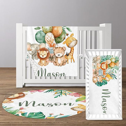 Custom Baby Crib Bedding Set, Personalized Name Lion Giraffe Design Crib Set 3 Pcs, Soft Double Layer Blanket, Crib Sheet & Room Rug, Ideal Nursery Decor Gift for Baby Girls Boys