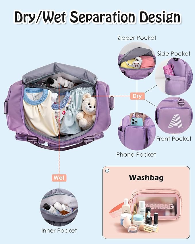 Elilier Initial Travel Bag for Girls, Kids Travel Duffel, Sports Weekender Overnight Dance Bag with Shoes Compartment, Monogram Gift, wedding gifts, women gifts, Bridesmaid Gifts