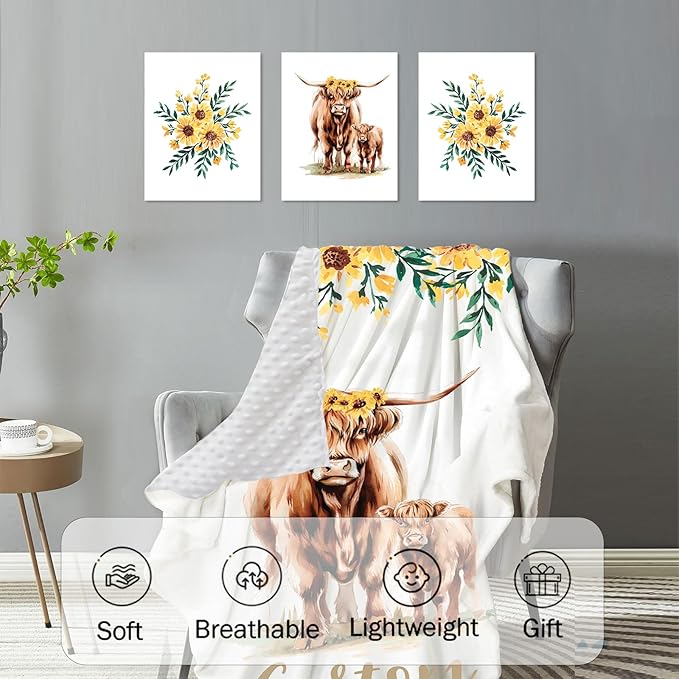Personalized Baby Crib Bedding Set: 4 Piece Custom Yellow Highland Cattle Crib Bed Set with Name, Nursery Bedding Set for Baby Girls, Newborn Boys Crib Sets, Crib Bedding Custom Gift, Crib Sheet