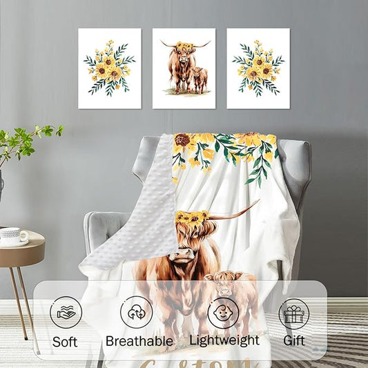 Personalized Baby Crib Bedding Set: 4 Piece Custom Yellow Highland Cattle Crib Bed Set with Name, Nursery Bedding Set for Baby Girls, Newborn Boys Crib Sets, Crib Bedding Custom Gift, Crib Sheet