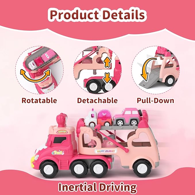 Toddler Girl Truck Toys for 2 3 Year Old Girl Birthday Gifts, 7-in-1 Pink Princess Car Transport Carrier Trucks for Toddlers 2-4, Friction Power Toy Cars with Lights & Music, My daughter First Gift