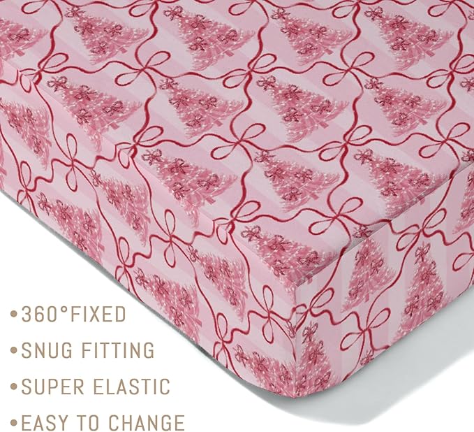 Preppy Pink Trees Bows Christmas Baby Crib Sheets for Girls Pink Christmas Trees Ribbon Soft Snug Fitted Crib Mattress Covers for 52''x28'' Standard Crib & Toddler Mattress Holiday Winter Baby Sheets