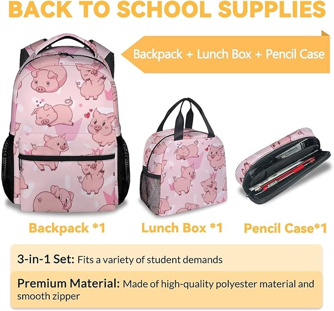 AIOMXZZ Pig Backpack with Lunch Box and Pencil Case, 16 Inch Cute Pig Bookbag Durable, Lightweight, Large Capacity, Funny Animal Backpack for School Girls Kids Women