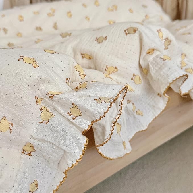 BuLuTu Cute Yellow Duck Print Duvet Cover Twin for Kids Toddler Girls Boys 100% Cotton Muslin Quilt Cover Twin, 68"x86", Ruffled Bedding Soft Breathable, Zipper Closure, No Pillowcase