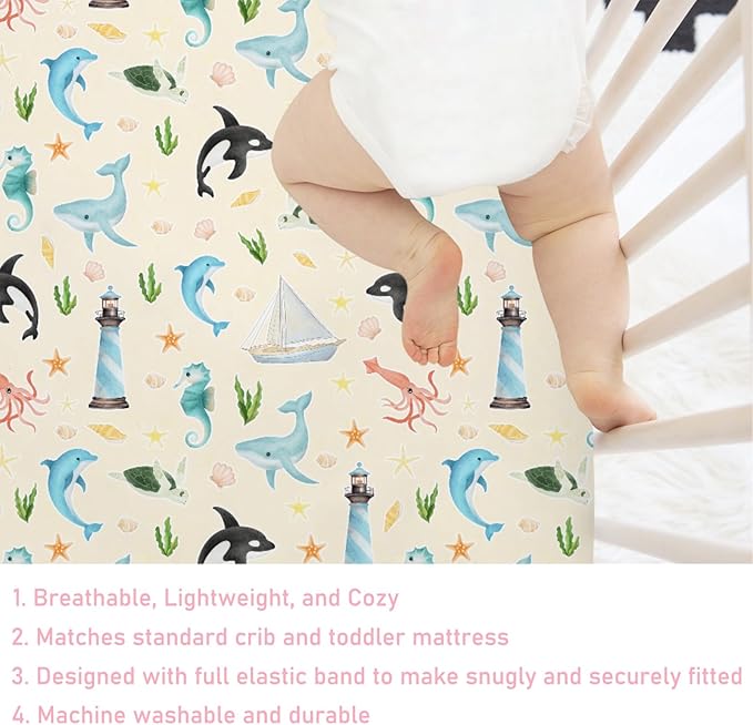 Colorful Sea Animals Baby Crib Sheet 52''x28'' Ocean Whale Dolphin Turtle Shells Coral Lighthouse Ship Stretchy Fitted Crib Mattress Cover for Boy Girl Baby Sheets for Standard Crib Toddler Mattress