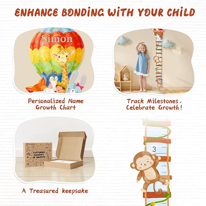 Woodemon Personalized Name Wooden Growth Chart for Wall, Animal Balloon Wood Baby Height Growth Chart Wall Kids Room Nursery Wall Decor