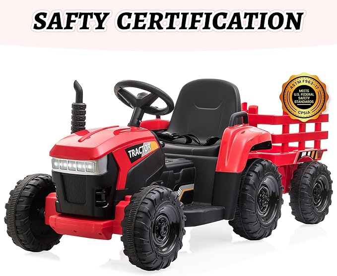 TOBBI Kids Electric Toy Tractor with Trailer, Toddlers 12V Battery-Powered 6-Wheels Vehicle, Ride On Car to Drive with 35W Dual Motor/3-Speeds/LED & Horn Functions for Chirdren Aged 3-6-Red