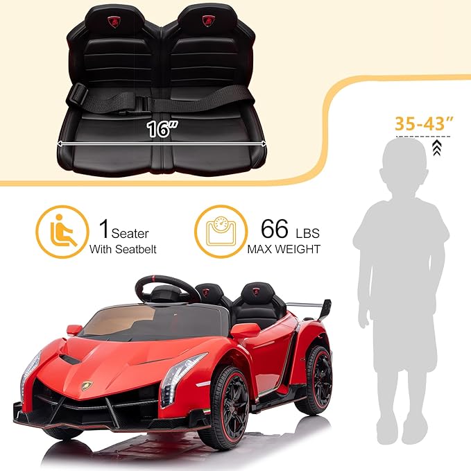 Winado 12V Ride on Car, Electric Vehicle Licensed Lamborghini Veneno for Kids, Battery Powered Car Toy w/Parent Control, Hydraulic Doors, 3 Speeds, LED Headlights, Horn, Engine Sounds - Red