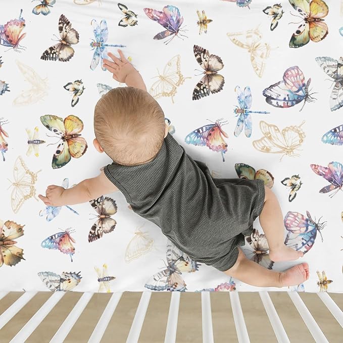 Boho Butterflies Dragonflies Baby Crib Sheets for Boy Girl 52x28Inch Vintage Butterflies Soft Stretchy Fitted Crib Mattress Cover Garden Baby Sheet for Standard Crib and Toddler Bed Mattress