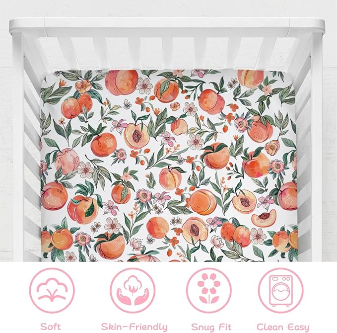 Peach Baby Crib Sheet 52''x28'' Vintage Peach Fruit Floral Leaves Stretchy Fitted Crib Mattress Covers for Boy Girl Summer Soft Baby Nursery Bed Sheets for Standard Crib and Toddler Mattresses
