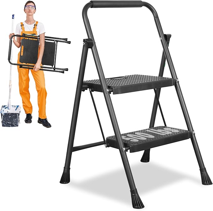 2 Step Ladder, Portable Steel Folding Stool with Wide Anti-Slip Pedal, 500lbs Sturdy Steel Ladder, Black