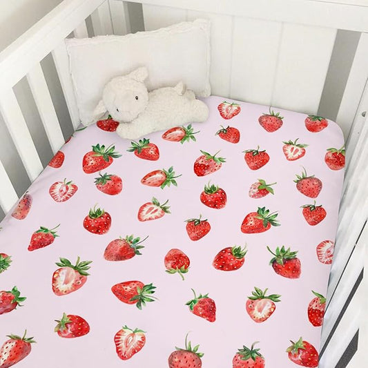 Watercolor Strawberries Baby Crib Sheet 52''x28'' Cute Strawberry Pink Stretchy Fitted Crib Mattress Covers for Boy Girl Boho Summer Fruits Soft Baby Sheets for Standard Crib and Toddler Mattress