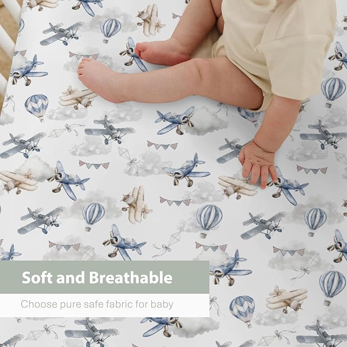 Vintage Planes Airplanes Helicopters Baby Crib Sheets Boy Girl 28"x52" Hot Air Balloon Plane Clouds Sky Soft Stretchy Fitted Crib Mattress Cover Baby Sheet for Standard Crib & Toddler Mattress Pad