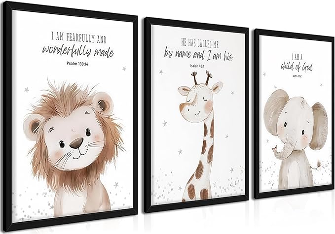 Nursery Wall Art, Kids Bible Verse Animal Canvas Wall Decor Paintings, Cute Safari Christian Pictures Posters Prints for Kids Boys and Girls Room Bedroom 16x24 Inch Wood Framed