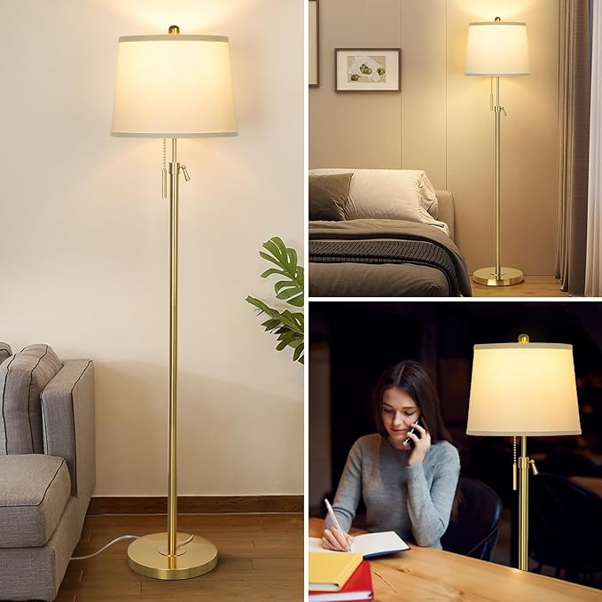 JUNNAI Gold Floor Lamp for Living Room, Tall Standing Lamp 55-65" Adjustable Modern Brass Floor Lamps for Bedroom Reading Office Kids 3 Color Lights Corner Night Stand (9W LED Bulb, White Shade)