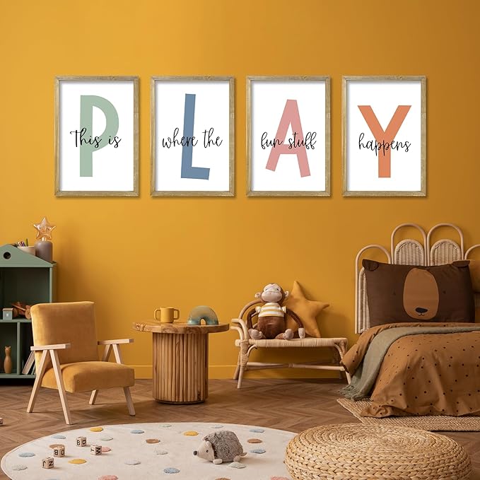 This Is Where The Fun Stuff Happens Kids Playroom Wall Art Decor 16x11 Inch Set Of 4 Rustic Kids Wood Framed Sign Toddler Modren Nursery Interesting Let's Play Prints Wall Hanging (Wood)