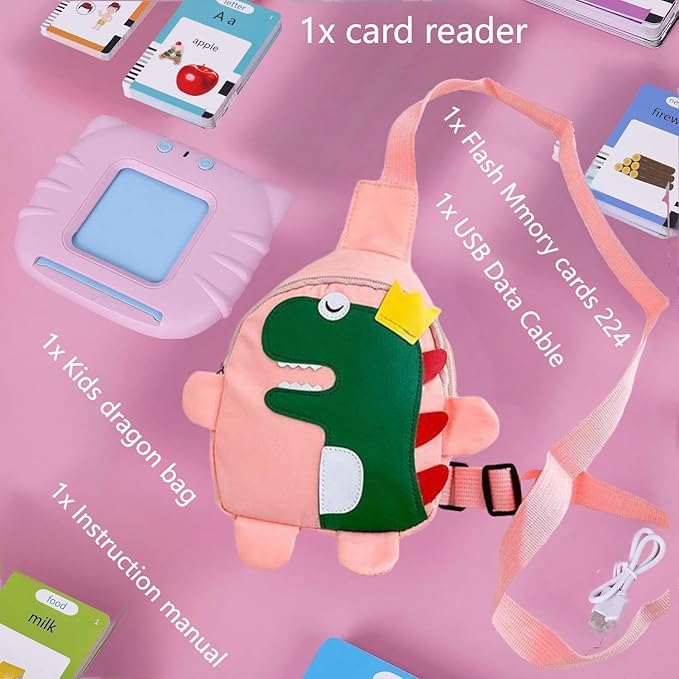 Talking Flash Cards,Kids Toddler Flash Cards with 224 Sight Words,Montessori Toys,Autism Sensory Toys,Speech Therapy,Learning Educational Gifts for Age 1+ Years Old Boys and Girls with A Dinsour Bag.