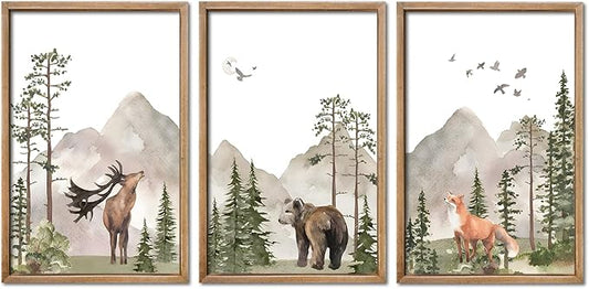 YWJKWLGS Wild Woodland Animals Nursery Wall Art Decor 16"×24" Set of 3 Jungle Theme Safari Forest Deer Bear Fox Posters Wood Framed Sign for Children's Boys Girls Room Watercolor Prints Hanging (Wood)