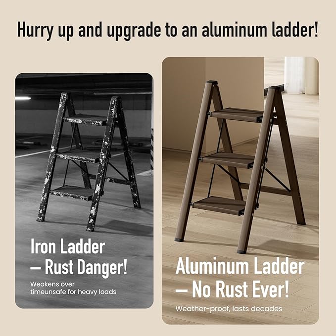 Mayi Plus 3 Step Ladder,Aluminum Folding Step Stool for Adults,Step Ladder with Wide Anti-Slip Pedal,330 lbs Capacity for Home,Office,Kitchen,Library(Walnut)