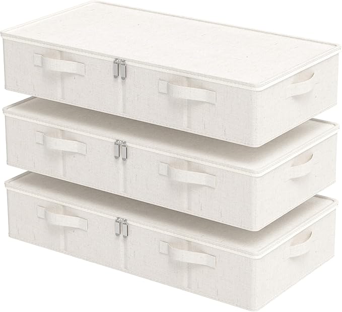 ENUMAIL Underbed Storage Bins Drawer, Foldable Under Bed Boxes, Fabric Closet Container with Lid for Organizing Clothes, Sheets, Blankets, Comforter, 31.4x15.7x5.9in, Beige, 3 Pack