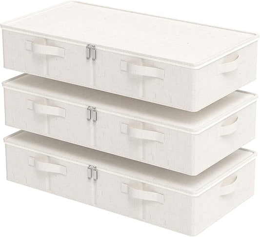 ENUMAIL Underbed Storage Bins Drawer, Foldable Under Bed Boxes, Fabric Closet Container with Lid for Organizing Clothes, Sheets, Blankets, Comforter, 31.4x15.7x5.9in, Beige, 3 Pack