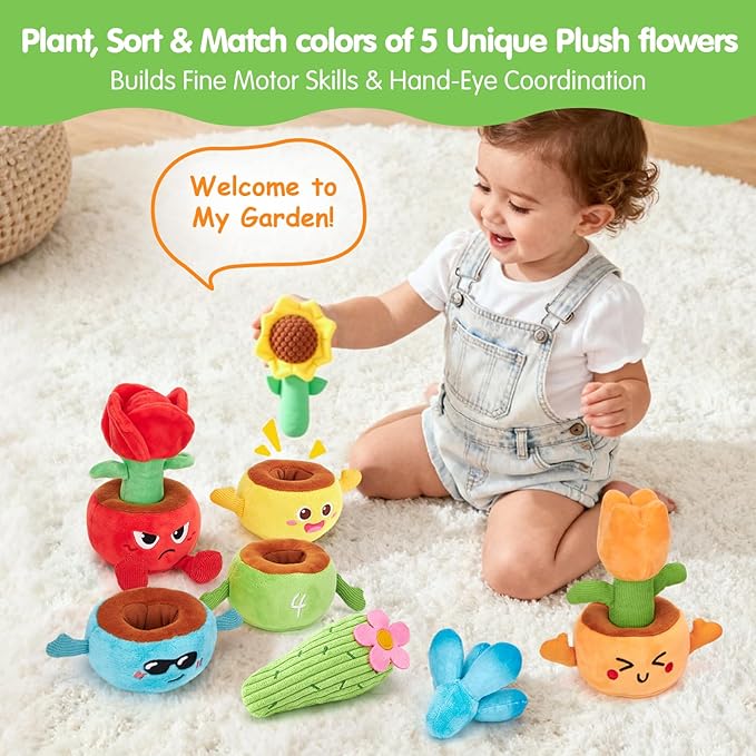 hahaland Montessori Toys for 1 Year Old Boy Girl - 10 in 1 Plush Garden Stacking Toys for Toddlers 1-3 with Color Matching & Planting Play - Fine Motor, Sensory & Emotional Development Toy