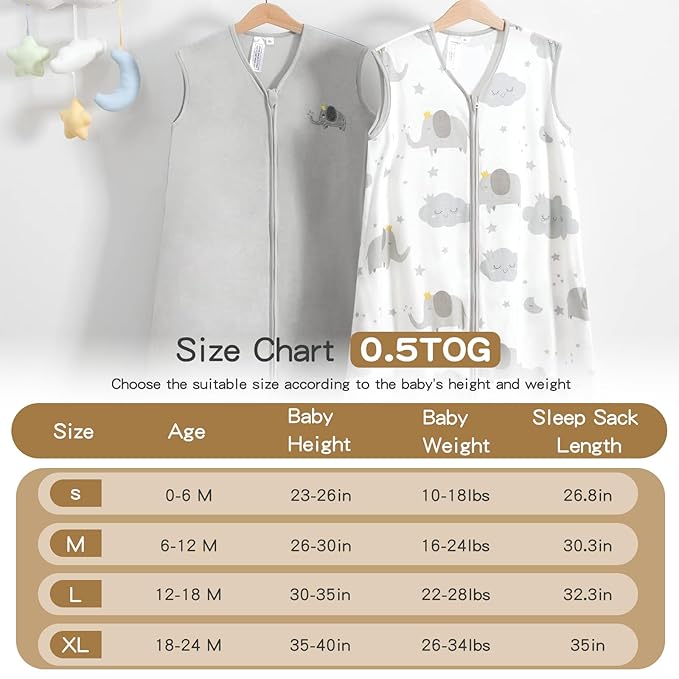 TILLYOU 2 Pack Baby Sleep Sack 18-24 Months 100% Cotton Wearable Blanket 0.5 TOG Sleeveless Summer Sleep Sacks with 2-Way Zipper, Grey Elephant & Cloud