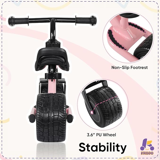 KRIDDO Baby Balance Bike Mini Cruiser Design with Wide PU Wheels for 1-3 Year Olds Ideal First Birthday Gift and Baby Toy, Pink